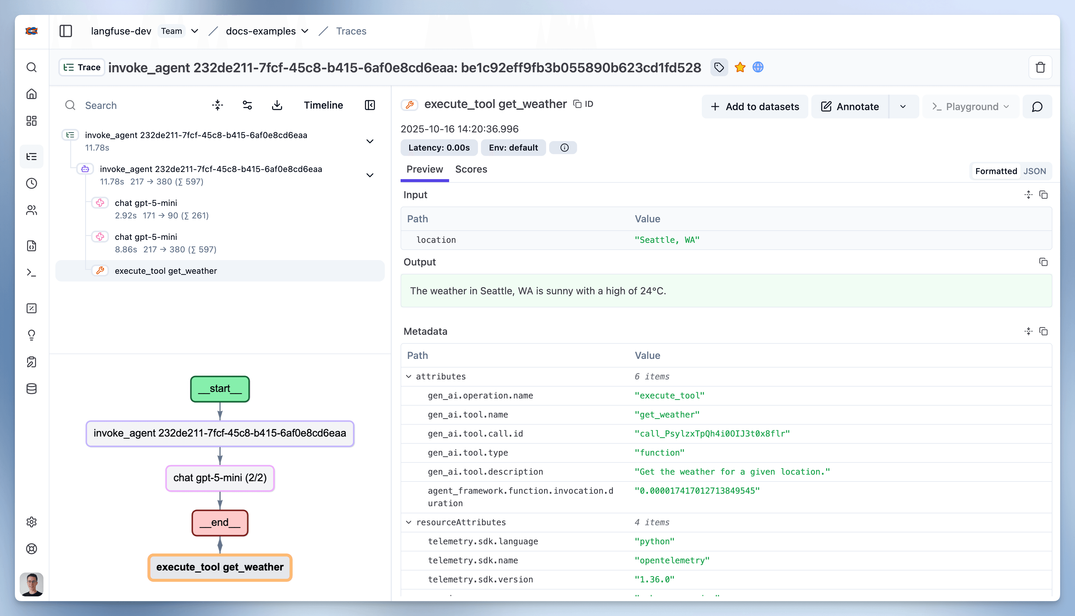 Microsoft Agent Framework trace visualization in Langfuse